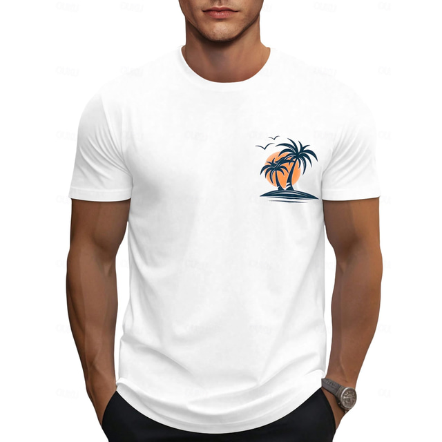  Men's Tee Short Sleeve Shirt Tee Top Short Sleeve Crewneck Spring &  Fall Coconut Tree Fashion Designer Print Vacation Street Going out White Blue Top Tee for Men