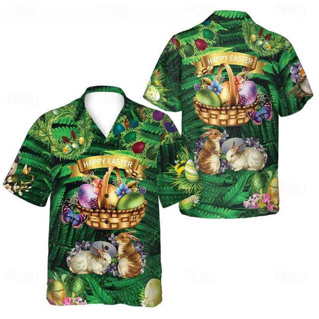  Ostern Herren Hase Eier Frohe Ostern Hemd Kubanisches Hemd Knopfhemd Kurzarm Vintage-Retro Urlaub Festtage Festival Sommer Frühling Hemd mit Camp-Kragen 3D-Druck Grün