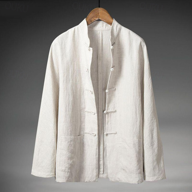  Men's Shirt Linen Shirt Casual Shirt Button Up Shirt Cotton Shirt Plain Vacation Hawaiian Black White Navy Blue Khaki Long Sleeve Grandad Collar Summer Spring Clothing Apparel Pocket