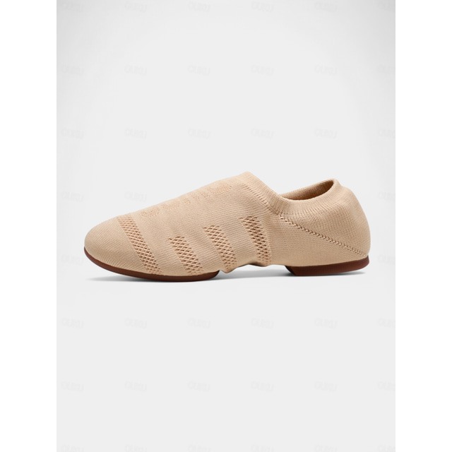  beige gebreide jazzdansschoenen voor dames – lichtgewicht ademende instappers voor professionele training