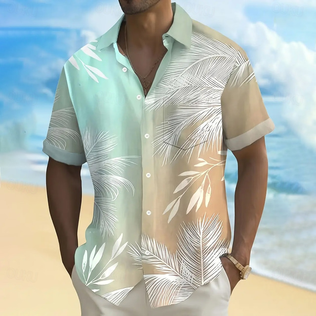  Men's Palm Tree Gradient Color Tropical Plants Summer Hawaiian Shirt Button Up Shirt Aloha Shirt Short Sleeve Hawaiian Resort Vacation Holiday Beach Wear Summer Spring Turndown Collared Shirts Front