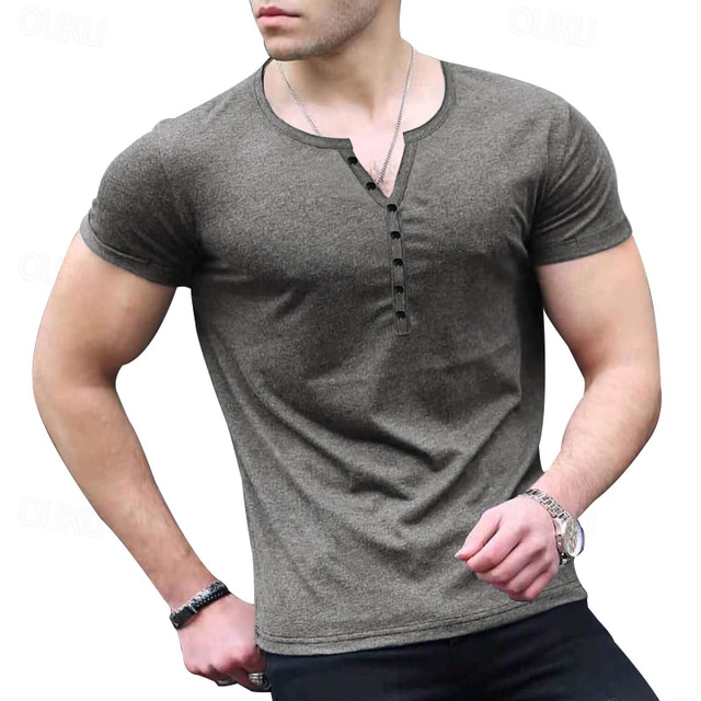  Men's Button T Shirt T Shirt Henley Shirt Tee Short Sleeve Henley Summer Solid / Plain Color Fashion Designer Fashion Vacation Street Going out Black White Blue Top Tee for Men