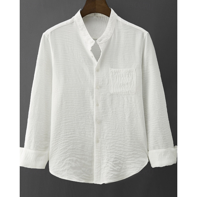  Men's Shirt Summer Shirt Casual Shirt Beach Shirt Button Up Shirt White Purple Long Sleeve Plain Grandad Collar Stand Collar Vacation Hawaiian Front Pocket Clothing Apparel Polyester Fashion Casual