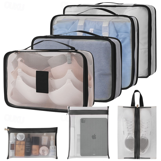  Compression Packing Cubes Set for Travel,7Pcs Mesh Visible Luggage Organizer Bags, Toiletry, Cosmetic, Digital Storage, Drawstring Folding Pouch