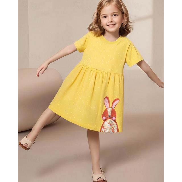  Copii Fete Rochie Iepure Manșon scurt În aer liber Casual Modă Adorabil 100% Bumbac Lungime Genunchi Rochie casual Rochie A line Vară 4 ani + Galben