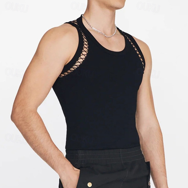  Men's Tank Top Vest Top Undershirt Sleeveless Shirt Sleeveless Crew Neck Summer Plain Fashion Designer Basic Hole Vacation Street Going out Black White Top Tee for Men