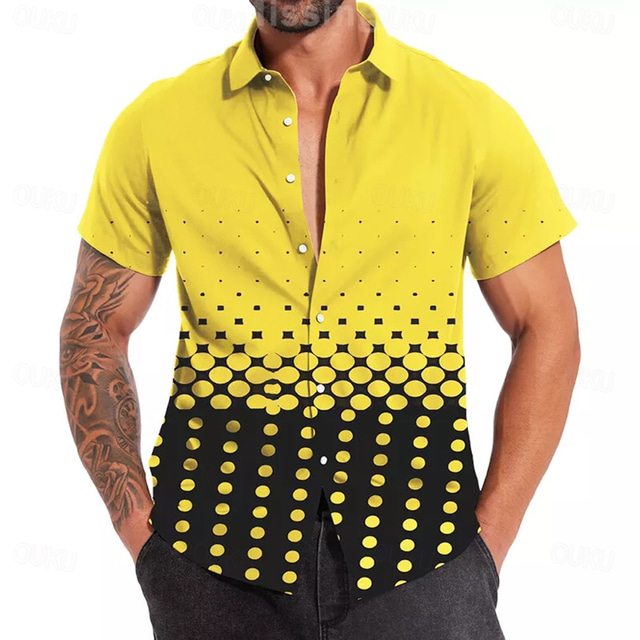 Men's Geometric Grid / Plaid Shirt Button Up Shirt Short Sleeve Fashion Casual Vacation Holiday Streetwear Summer Spring Turndown 3D Print Collared Shirts Black Yellow