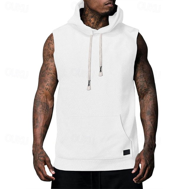  Herren Tank Top Weste Unterhemd Ärmelloses Shirt Ärmellos Mit Kapuze Sommer Einfach Mode Designer Basic Jacquard Fronttasche Urlaub Straße Ausgehen Schwarz Weiß Khaki Top T-Shirt für Herren