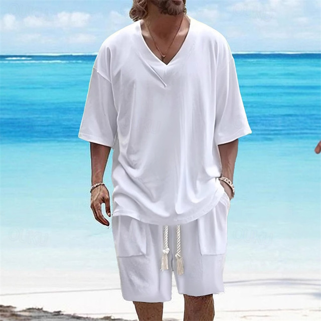  Men's T-shirt Suits 2 Pieces Outfits Tee & Shorts Short Sleeve V Neck Summer Plain Fashion Casual 2 Piece Vacation Daily Wear Going out Black White Dark Navy Top Tee for Men