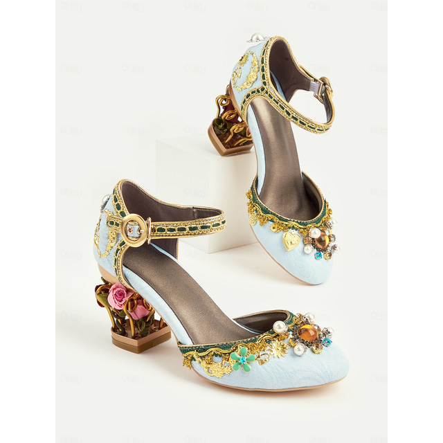  Women's 1920s Vintage Baroque Mary Jane Heels – Elegant Light Blue Embellished Pumps with Pearl and Floral Details for Weddings, Parties, and Special Occasions
