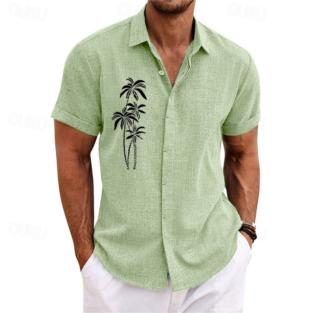  Men's Minimalist Aloha Shirt Summer Shirt Casual Shirt Beach Shirt Button Up Shirt White Blue Green khaki Short Sleeve Coconut Tree Stripes Lapel Vacation Hawaiian Clothing Apparel Polyester Fashion
