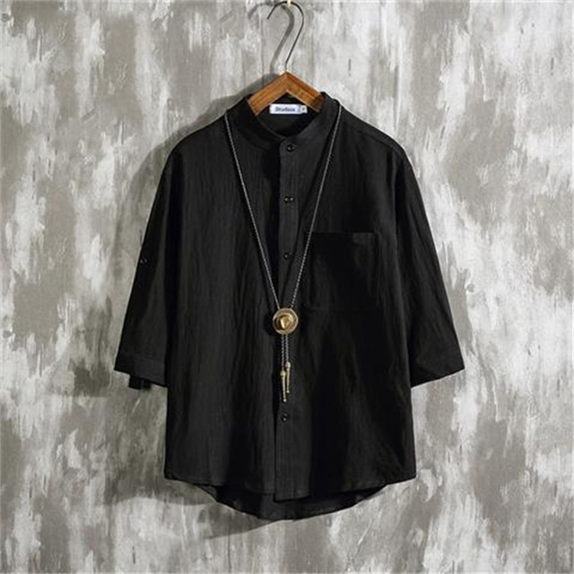  Men's Shirt Linen Shirt Casual Shirt Button Up Shirt Cotton Shirt Plain Vacation Hawaiian Black White Green 3/4 Length Sleeve Band Collar Summer Clothing Apparel Pocket