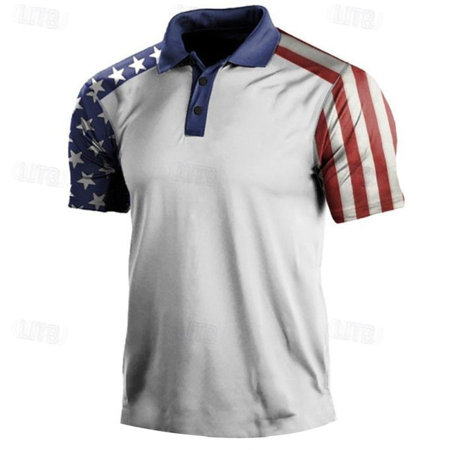  Men's American Flag Veterans Polo Shirts Golf Shirt Short Sleeve Polo Shirts Collared Shirts Casual Streetwear Vacation Wear Party Outfits Buttons 3D Print White & Blue White Navy Blue