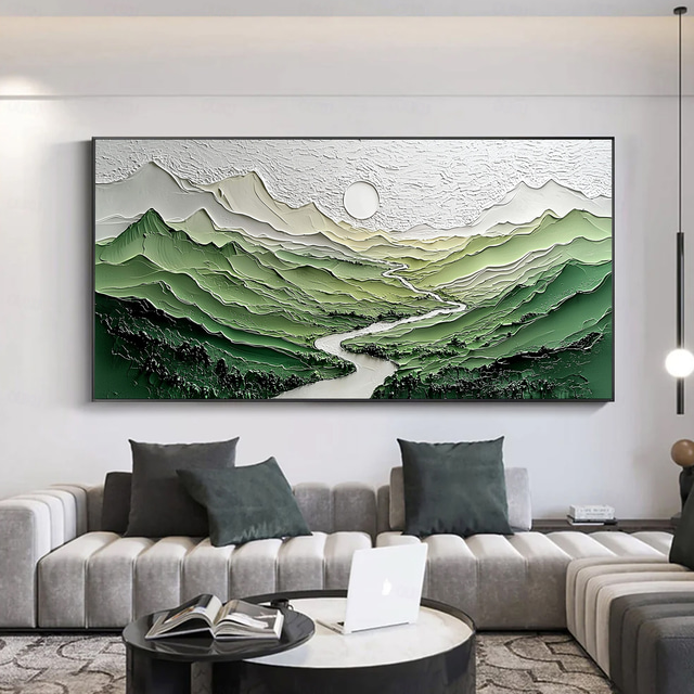  handgemachtes Originalgemälde „Grüne Berge“ Ölgemälde auf Leinwand abstrakte Flusstallandschaft Wandkunst für Wohndekoration mit gespanntem Rahmen/ohne Innenrahmen
