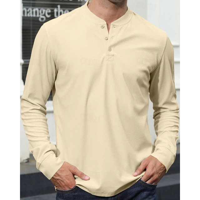  Men's Button T Shirt T Shirt Henley Shirt Tee Long Sleeve Henley Summer Spring Plain Fashion Designer Basic Buttons Vacation Street Going out Apricot Black Wine Top Tee for Men