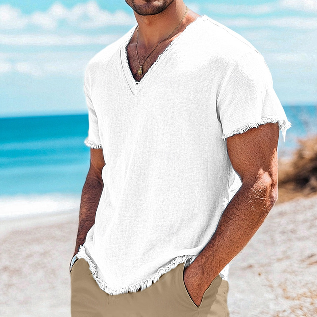  Hombre Camiseta superior Camiseta de lino Mangas cortas Escote en Pico Verano Plano Moda Design Básico Suave Playa Vacaciones Casual Diario Bleu Ciel Blanco Rosa Camiseta superior para hombre