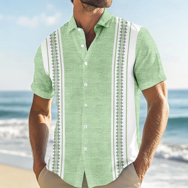  Men's Geometric Striped Shirt Guayabera Shirt Button Up Shirt Short Sleeve Fashion Casual Vacation Dailywear Beach Wear Summer Spring Turndown Button Up 3D Print Linen Like Shirt Pink Blue Green Gray