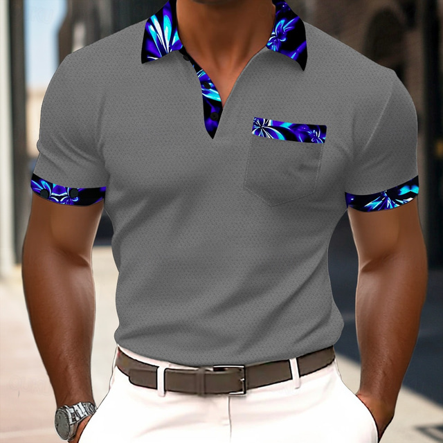  Men's Graphic Polo Short Sleeve Polo Shirts Collared Shirts Business Casual Outdoor Athleisure Daily Wear Buttons Pocket 3D Print Summer Black Blue Gray