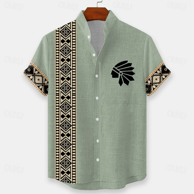  Men's Geometric Indian Ethnic Shirt Button Up Shirt Stand Collar Shirt Short Sleeve Vintage Retro Vacation Dailywear Beach Wear Summer Spring Mandarin Collar 3D Print Linen Like Shirt Yellow Light