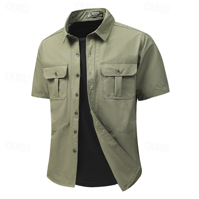  Voor heren Overhemd Zomer overhemd Normaal shirt Overhemd met knopen Cargoshirt Zwart Groen Grijs Korte mouw Effen Overhemdkraag Vakantie Hawaii Zak Kleding 100% katoen Modieus Casual Comfortabel
