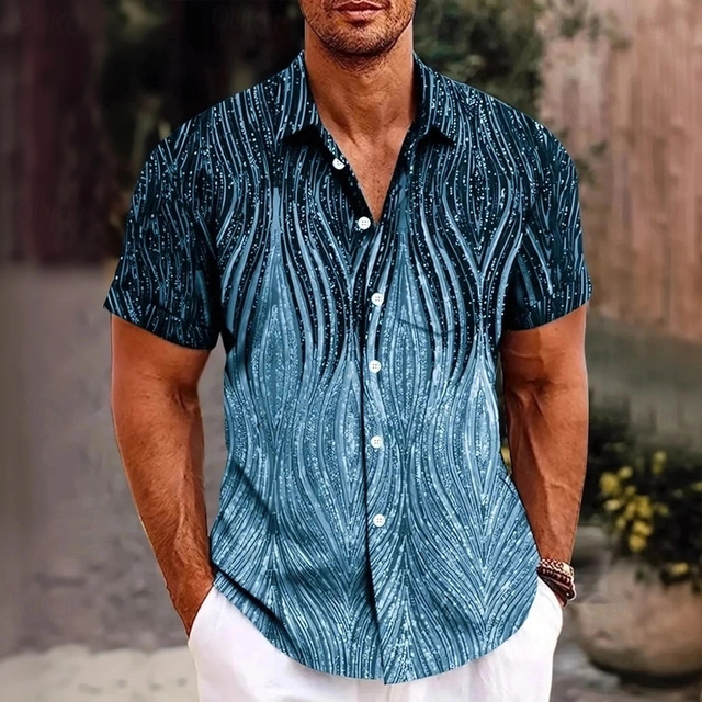  Hombre Geométrico Línea Arte abstracto Camisa Camisa de verano Abotonar la camisa Manga Corta Moda informal Exterior Vacaciones Uso Diario Verano Primavera Cuello Vuelto Impresión 3D camisas con