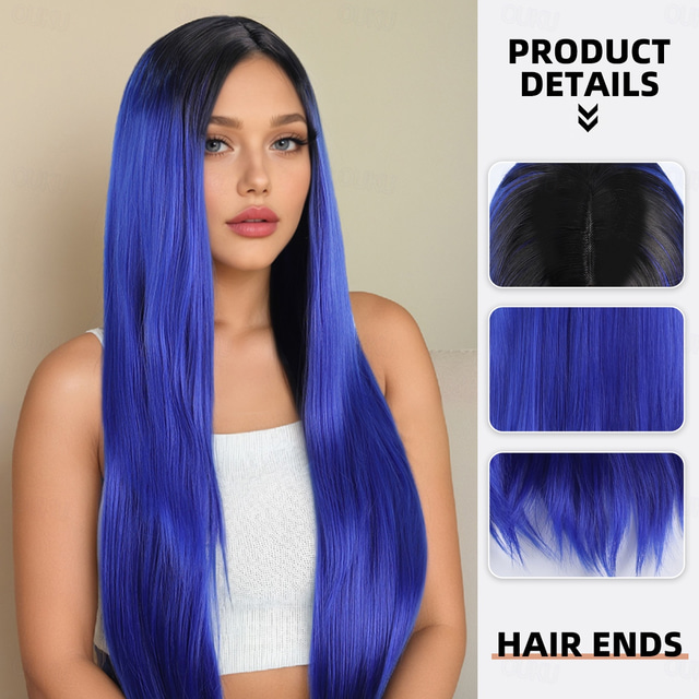  Synthetic Wig kinky Straight Natural Straight Layered Haircut Deep Parting Machine Made Wig 28 inch A1 Synthetic Hair Women's Classic Comfortable Highlighted / Balayage Hair Purple