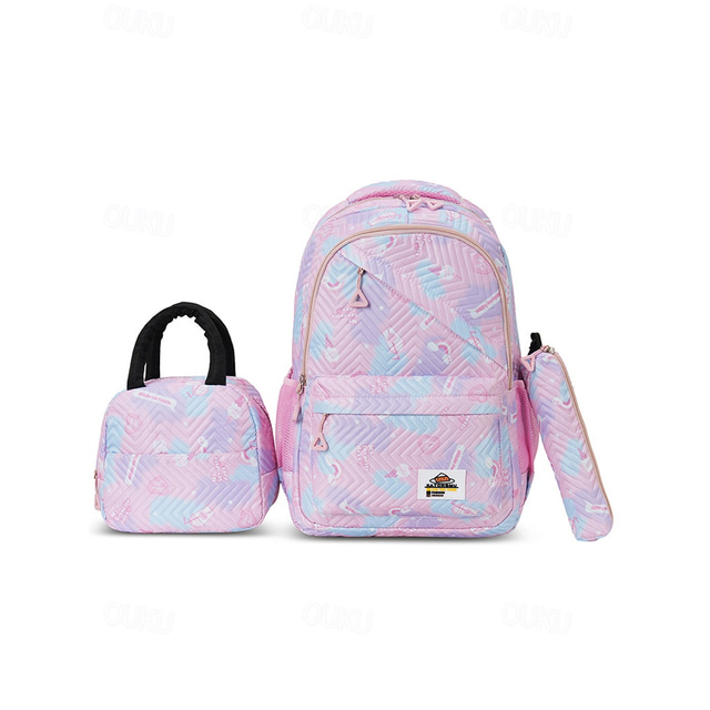  Girls' 3-Piece Pastel Backpack Set with Lunch Bag and Pencil Case – Lightweight Quilted School Bookbag for Teen Students and Daily Use