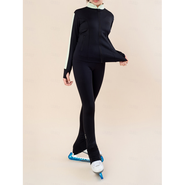 Over The Boot Figure Skating Tights Figure Skating Fleece Jacket Figure Skating Pants Women's Girls' Ice Skating Jacket Tights Top Black Patchwork Thumbhole Spandex Stretchy Training Practice