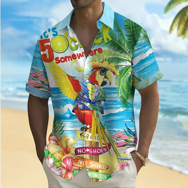  Men's Coconut Tree Funny Parrot Shirt Summer Hawaiian Shirt Button Up Shirt Short Sleeve Hawaiian Vacation Holiday Beach Wear Summer Spring Turndown 3D Print Collared Shirts Front One Pocket Black