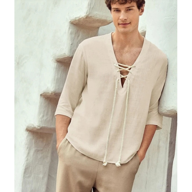  Retro Vintage Medieval Renaissance Shirt Pirate Viking Solid Color Fancy Dress Men's Viking Pirate Halloween Carnival Vacation LARP Ren Faire Adults' Shirt Summer