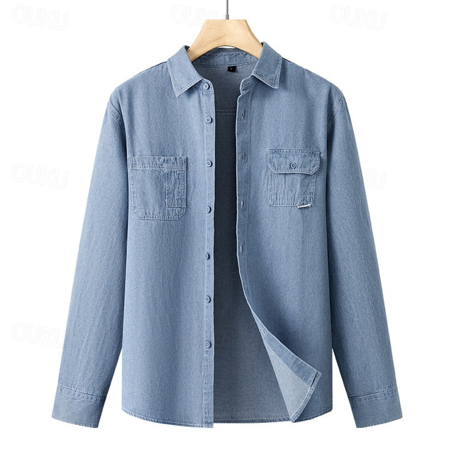  Men's Shirt Summer Shirt Casual Shirt Beach Shirt Button Up Shirt Dark Blue Light Blue Long Sleeve Plain Lapel Vacation Hawaiian Button-Down Clothing Apparel Cotton Blend Fashion Casual Comfortable