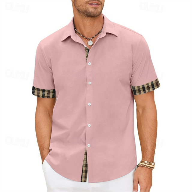  Men's Shirt Summer Shirt Casual Shirt Beach Shirt Button Up Shirt Light Pink Short Sleeve Plain Lapel Vacation Hawaiian Clothing Apparel Polyester Fashion Casual Comfortable