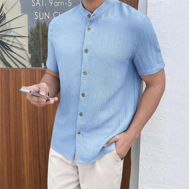  Men's Shirt Summer Shirt Casual Shirt Beach Shirt Button Up Shirt Black White Red Royal Blue Sky Blue Short Sleeve Plain Grandad Collar Standing Collar Vacation Hawaiian Clothing Apparel Polyester