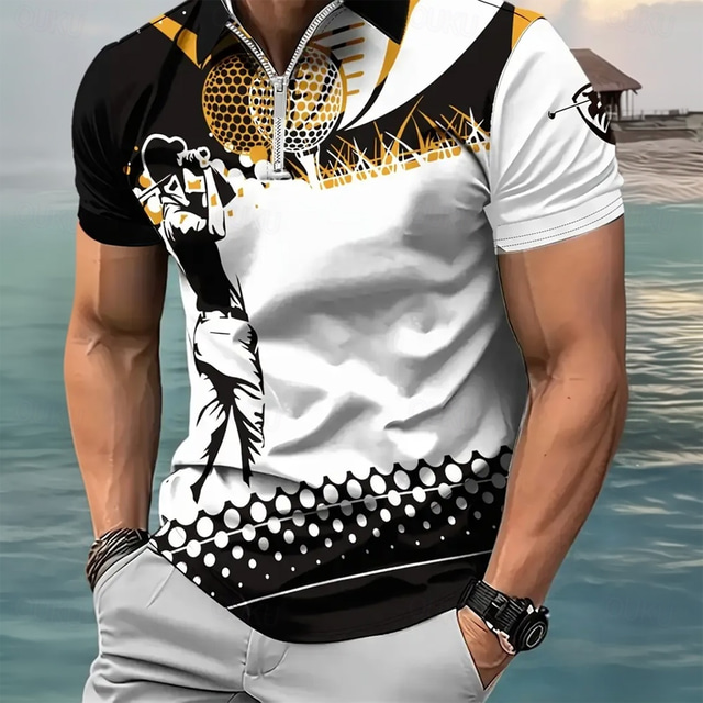  Men's Graphic Zip Polo Short Sleeve Turndown Modern Casual / Sporty Sports & Outdoor Athleisure Casual Daily 3D Print Summer Black-White