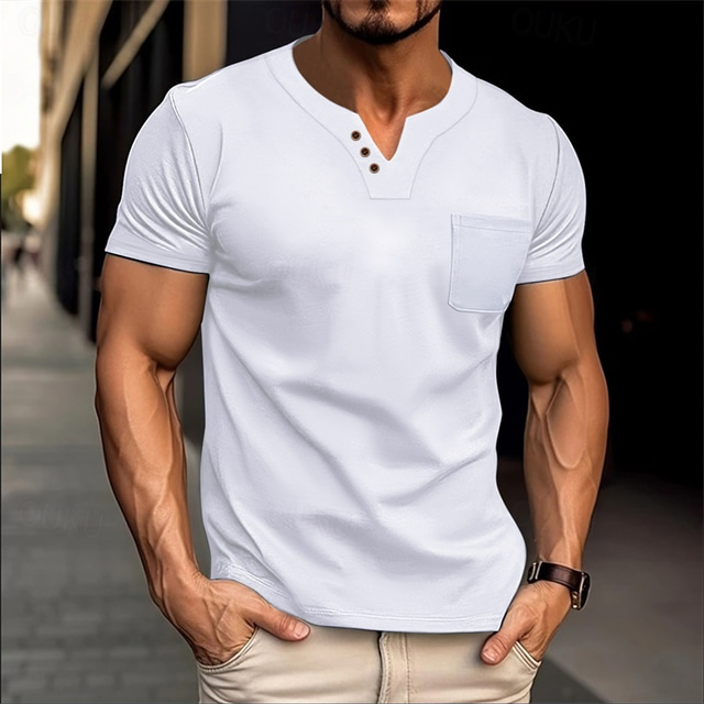 Men's T Shirt Henley Shirt Tee Short Sleeve Shirt Short Sleeve V Neck Summer Plain Fashion Designer Basic Plain Vacation Street Going out Black White Dark Navy Top Tee for Men