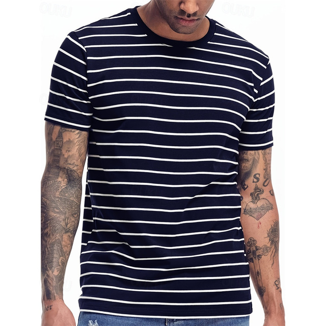  Men's T Shirt Tee Short Sleeve Shirt Tee Top Short Sleeve Crew Neck Summer Spring Stripes Fashion Designer Basic Classic Vacation Street Going out Black Navy Blue Top Tee for Men