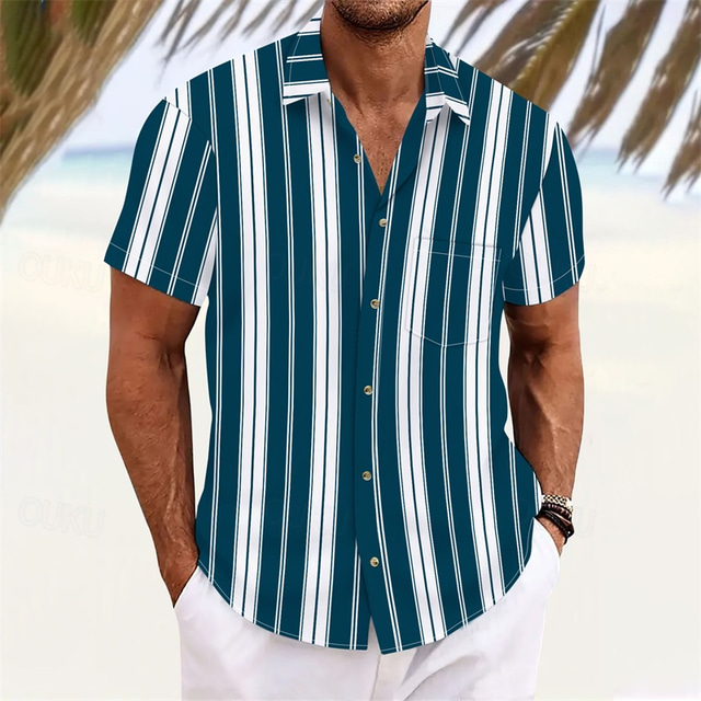  Men's Shirt Summer Shirt Casual Shirt Beach Shirt Button Up Shirt Blue White Short Sleeve Stripes Lapel Vacation Hawaiian Clothing Apparel Polyester Fashion Casual Comfortable Pocket