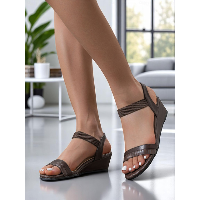  Women's Comfort Wedge Sandals – Faux Leather Croc Texture Slingback Design for Business Casual Outfits