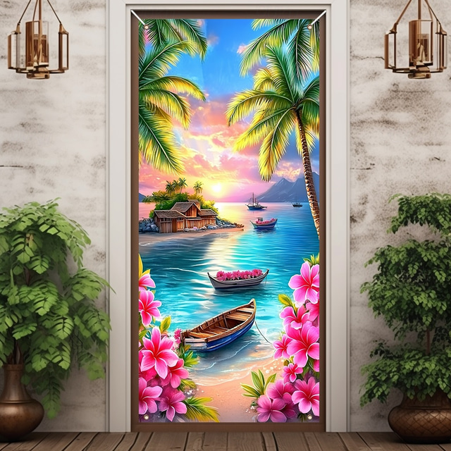  Summer Beach Door Decorations Door Covers Door Tapestry Door Curtain Decoration Backdrop Indoor/Outdoor Door Banner for Front Door Farmhouse