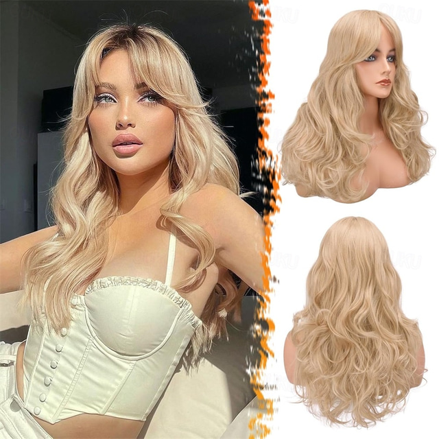  Long Blonde Curtain Bangs Wig - 26 Inch Long Wavy Layered Wigs for Women - Synthetic Hair Sabrina Wigs Butterfly Haircut Soft Natural Looking Daily Party Halloween - Blonde Mixed