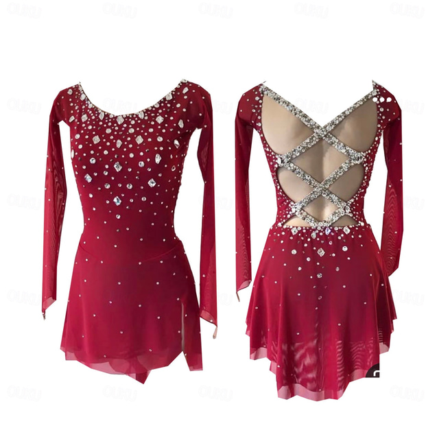  Figure Skating Dress Women's Girls' Ice Skating Dress Burgundy Thumbhole Halo Dyeing High Elasticity Professional Competition Skating Wear Thermal Warm Crystal / Rhinestone Long Sleeve Ice Skating