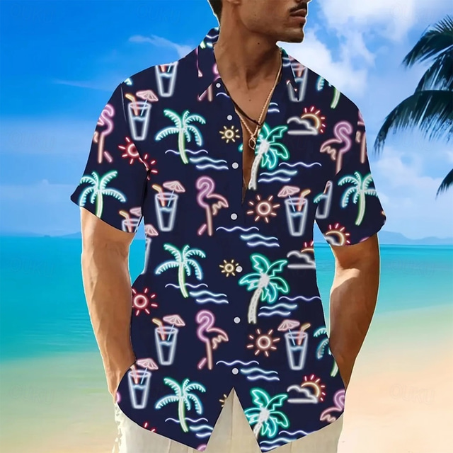  Men's Palm Leaf Tropical Plants Neon Shirt Summer Hawaiian Shirt Button Up Shirt Short Sleeve Hawaiian Vacation Holiday Beach Wear Summer Spring Turndown 3D Print Collared Shirts Dark Blue