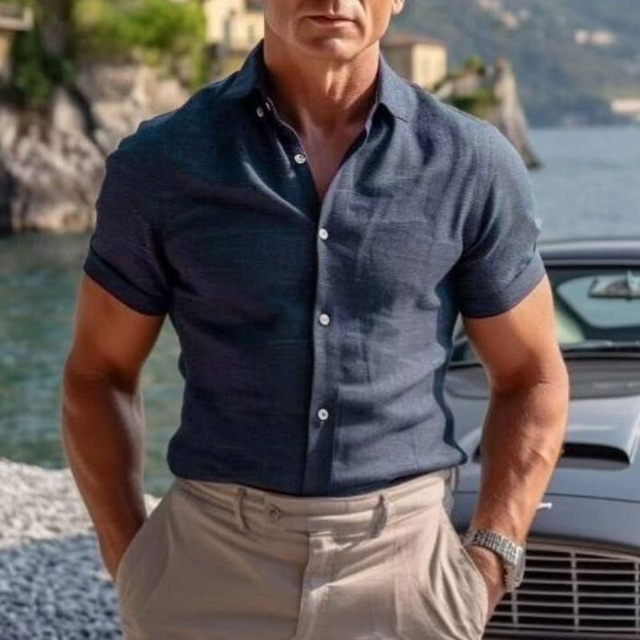  Men's Cotton Linen Shirt Plain Vacation White Sky Blue Dark Blue Apricot Short Sleeve Grandad Summer Clothing Apparel