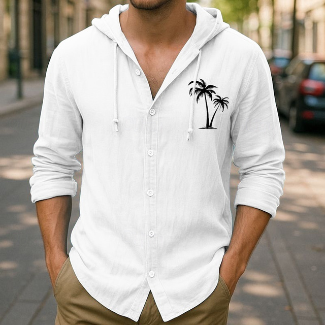  Men's Button Up Shirt Hooded Shirt Black White Apricot Gray Light Blue Long Sleeve Coconut Tree Pattern Hooded Vacation Casual Hooded Clothing Apparel Fashion