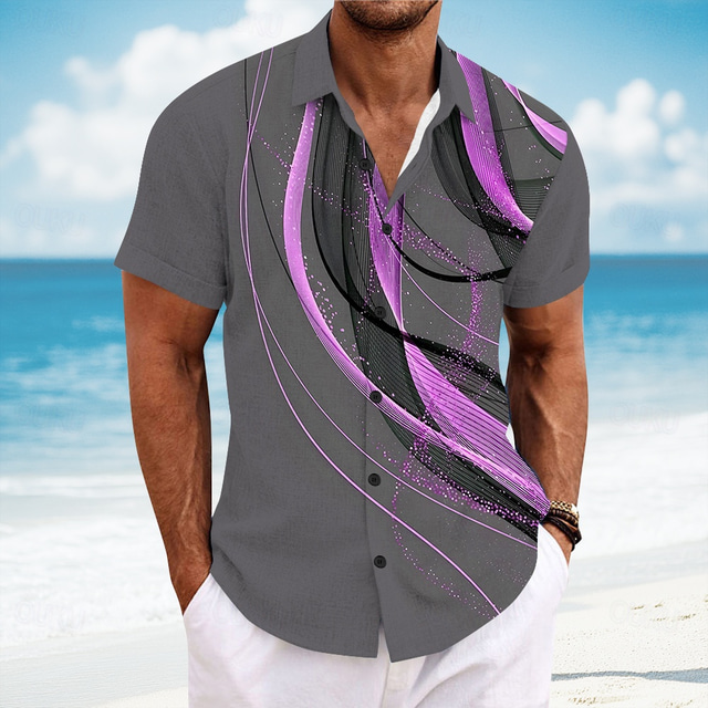  Men's Geometric Line Abstract Art Shirt Summer Shirt Button Up Shirt Short Sleeve Fashion Casual Outdoor Vacation Dailywear Summer Turndown 3D Print Linen Like Shirt Yellow Blue Purple Gray