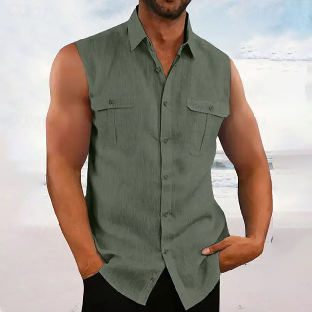  Hombre Camisa Camisa de lino Camisa de verano Camisa de playa Abotonar la camisa Camisa sin mangas Plano Vacaciones Hawaiano Negro Azul cielo Morado Verde Trébol Sin Mangas Cuello Vuelto Verano