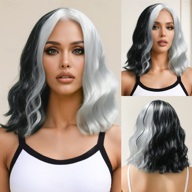 Synthetic Wig Wavy Curly Weave Asymmetrical Neat Bang Machine Made Wig 14 inch A1 Synthetic Hair Women's Middle Part Classic Comfortable Black White