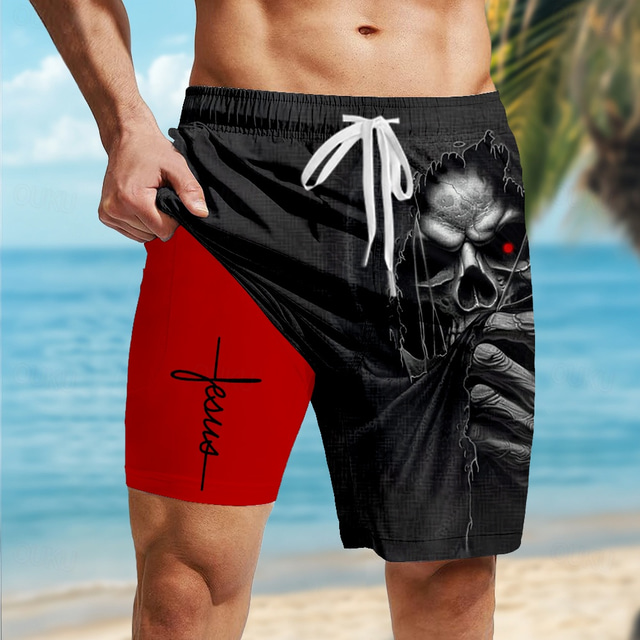  Men's Letter Printed Faith Lined Shorts 2 in 1 Board Shorts Swim Shorts Mid Waist Vintage Retro Holiday Streetwear Side Pockets With Compression Liner Elastic Drawstring Waist Designer Clothing