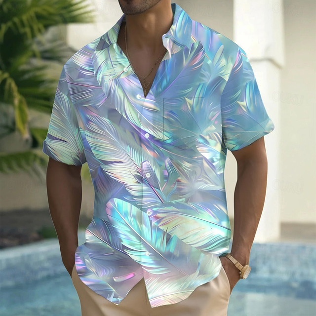  Herre Blend farge Tropisk blad Skjorte Hawaii skjorte Skjorte med knapper Kortermet Hawaiisk Feriereise Ferie Strand Klær Sommer Vår Aftæpning 3D-utskrift krage skjorter Front One Lomme Rosa Bl