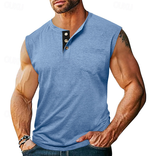  Pánské Bez rukávů Tričko Henley Vesta Top Tílka Bez rukávů Henley Léto Bez vzoru Módní Designové Sval Knoflíky Venkovní ulice Jdeme ven Černá Bílá Khaki Top tričko pro muže